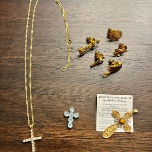 Vintage Gold Cross Necklace, Cross Pendants and Gold Symbolic Pin Set